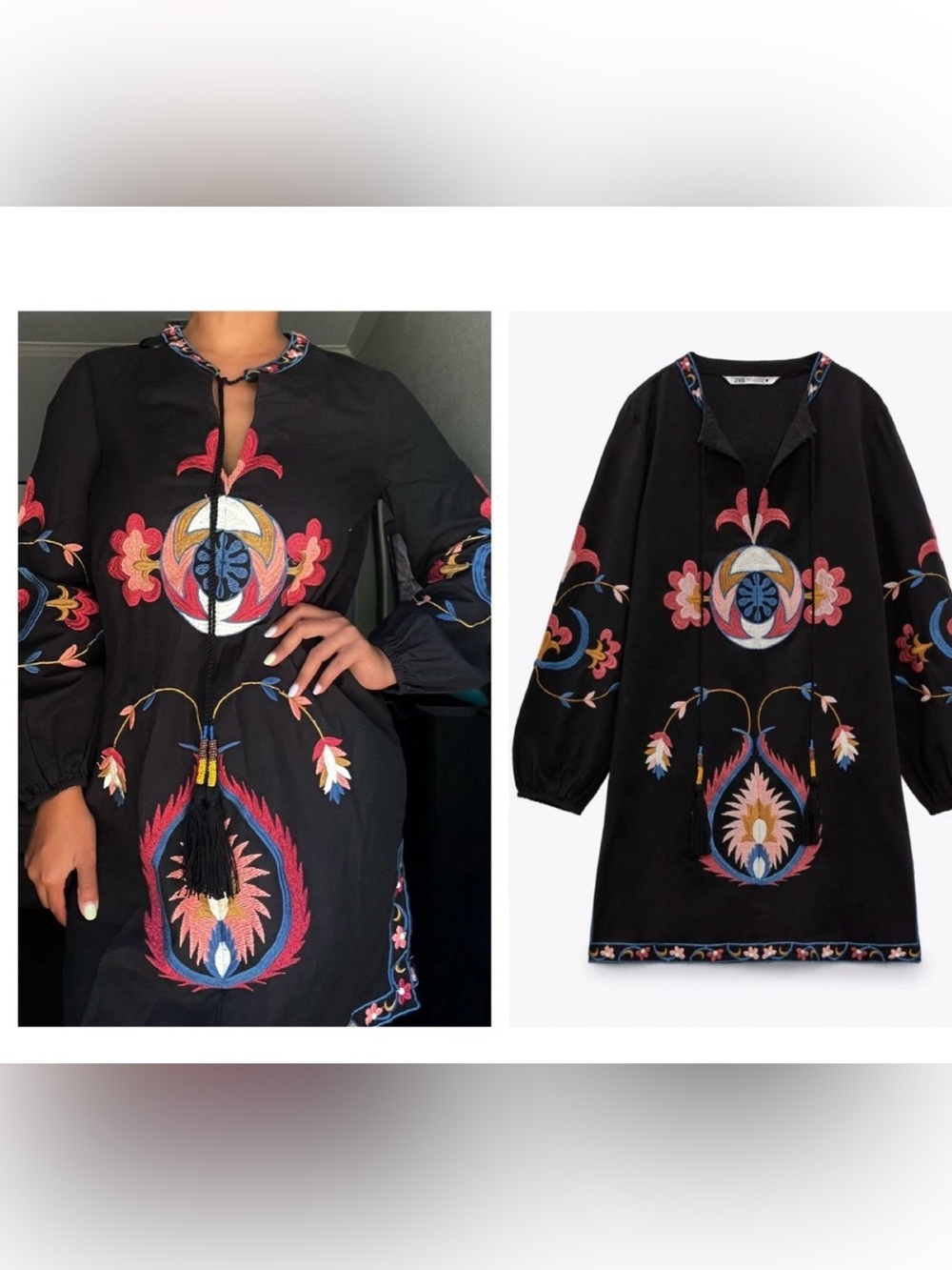 Zara Black Tunic with Pink and Red Embroidery XS